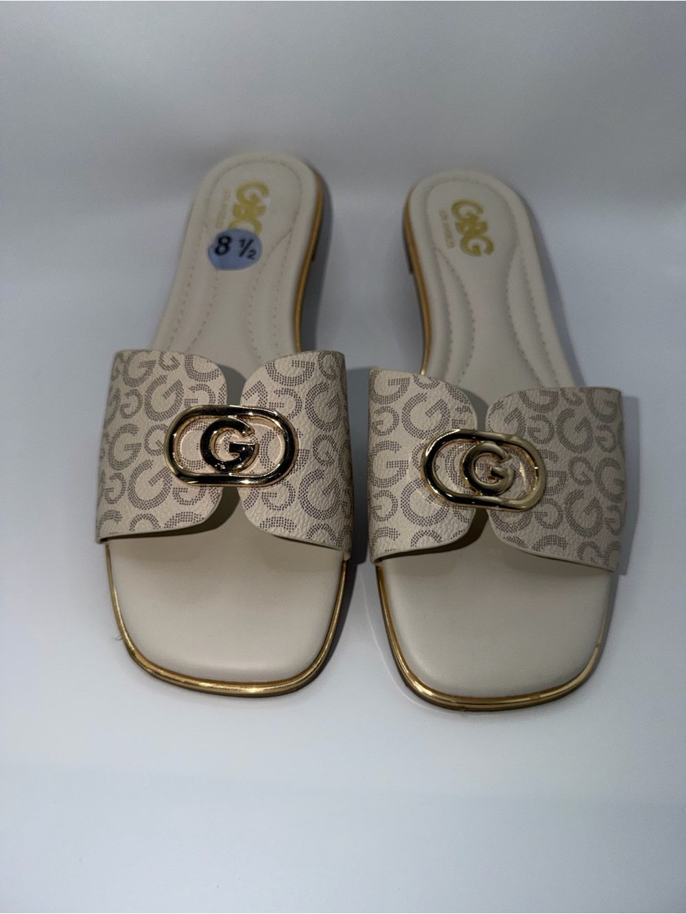 Guess Cream Logo Slide Sandals with Gold Hardware